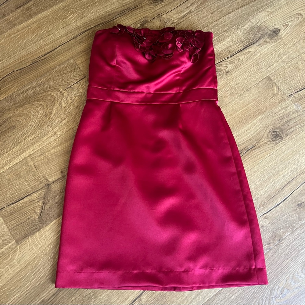 Tahari Strapless Red Satin Party Dress with Floral Appliqué